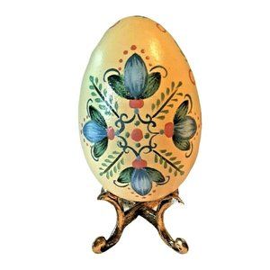 Yellow Blue Decorative Egg Hand Painted Folk Art Vintage Easter Decor